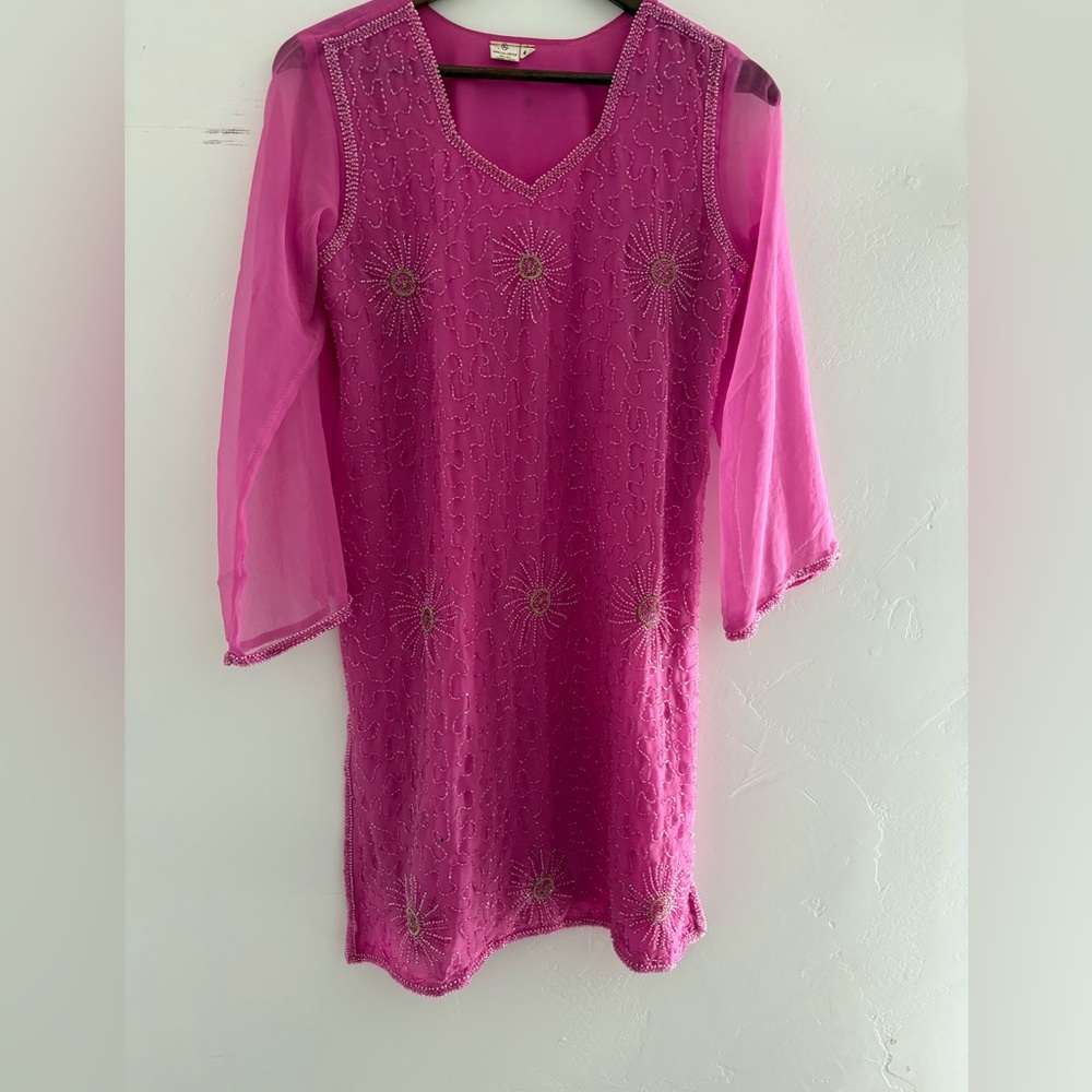 Hand stitched Pink Beaded Sheer Sleeve kurti size 40 | pink kurta party wear